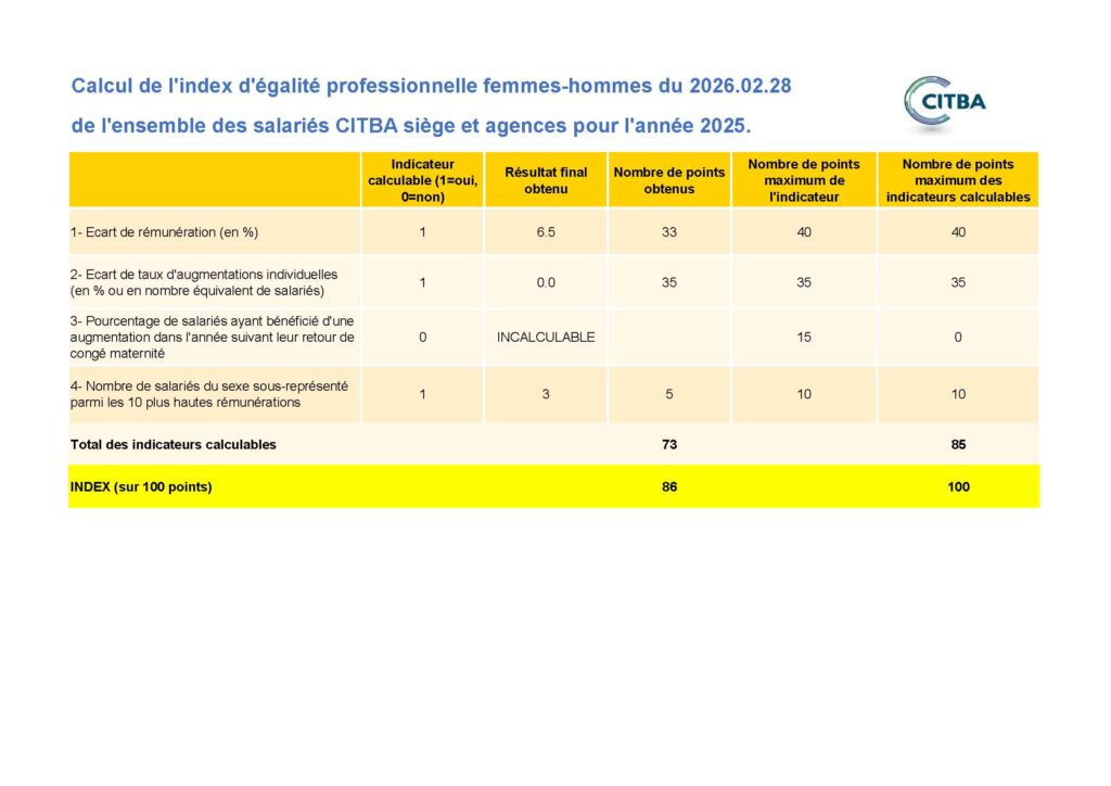 Calcul index egalite pour l’année ecoulée 2025